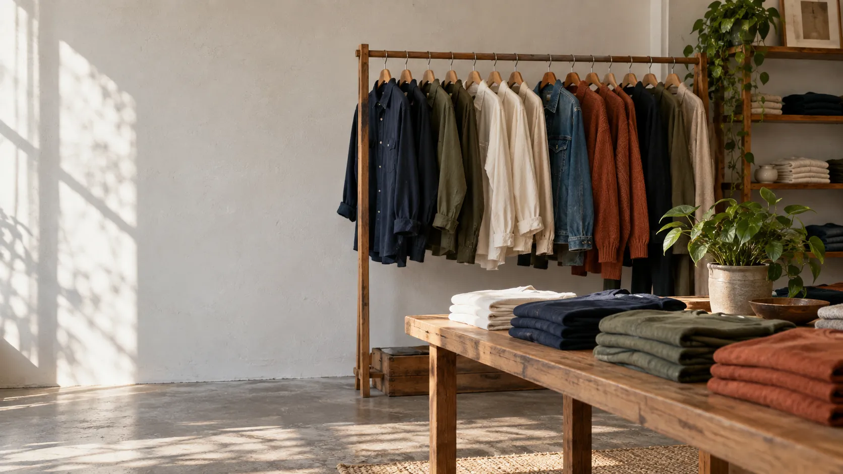 A small clothing shop with shirts on a wooden rail and folded knitwear on a table