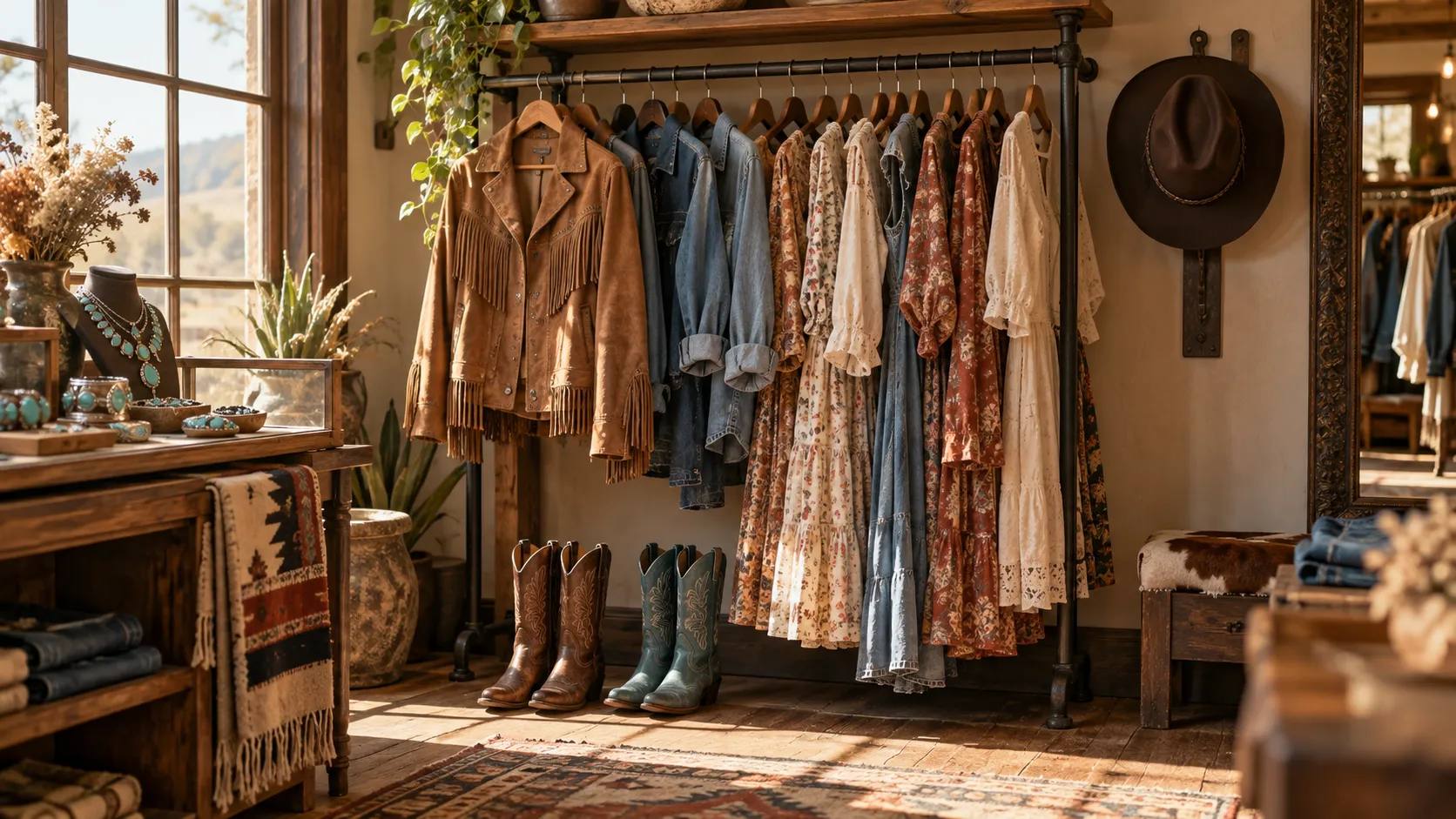 A western boutique with a fringed suede jacket, prairie dresses, turquoise jewelry and cowboy boots